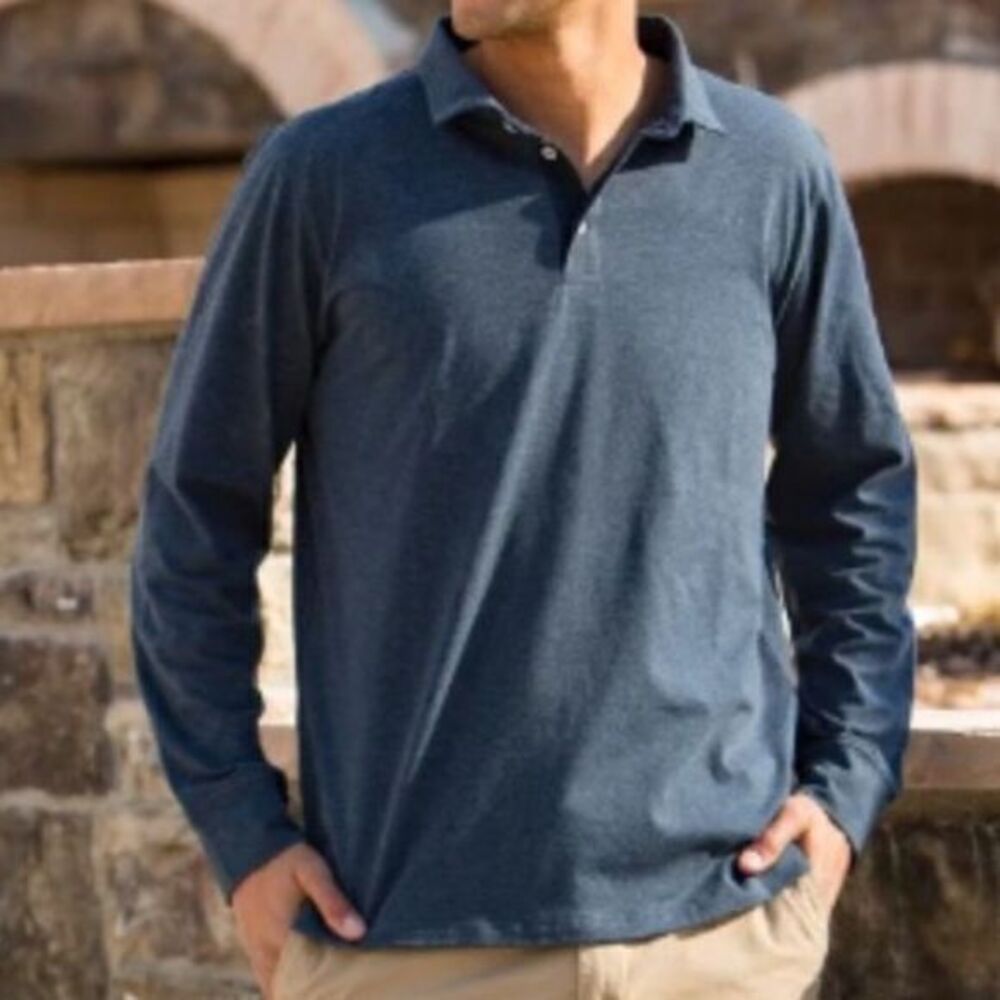 NWT Simply Southern Men's Mountain Long Sleeve‎ Polo Heather Navy Blue Size XL